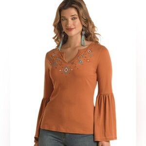 Panhandle Women’s Boho Embroidered western Long Bell Sleeve Top Neutral XXL